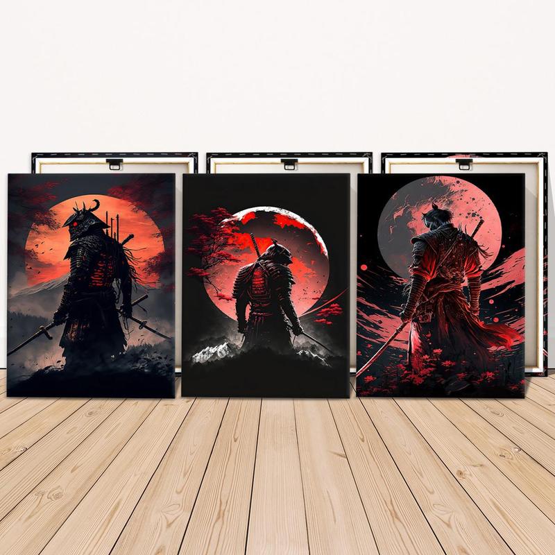 Wooden Framed Canvas Painting, 3 Counts set Samurai Pattern Wall Art, Modern Art Wall Decor, Home Decoration Poster for Living Room, Bedroom, Christmas 2024 Ornament, Christmas Gift Ideas, Stocking Stuffers