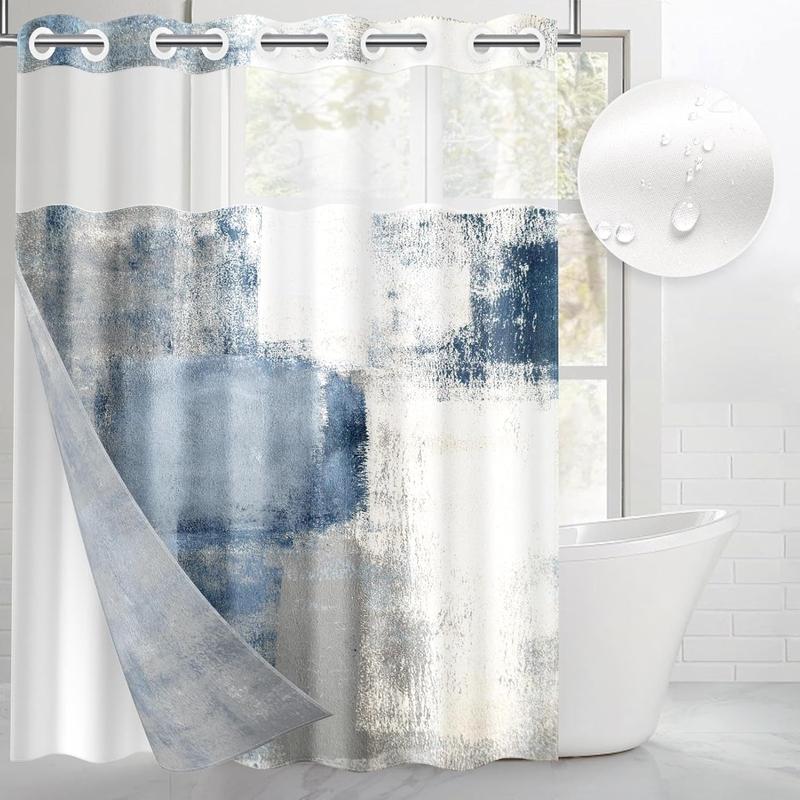 No Hook Blue Grey Painting Shower Curtain with Snap-in Liner, Contemporary Double Layers Waterproof Fabric with See Through Top Window Open Grommet Bath Curtain Light Hanging Set