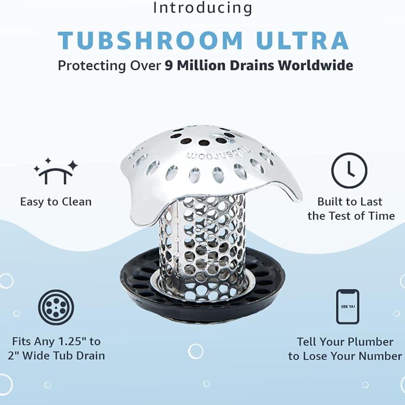 TubShroom Ultra Revolutionary Hair Catcher and Drain Protector with Stopper, Shower and Tub Drain Protector, Keeps Drains Clog Free Stainless Steel