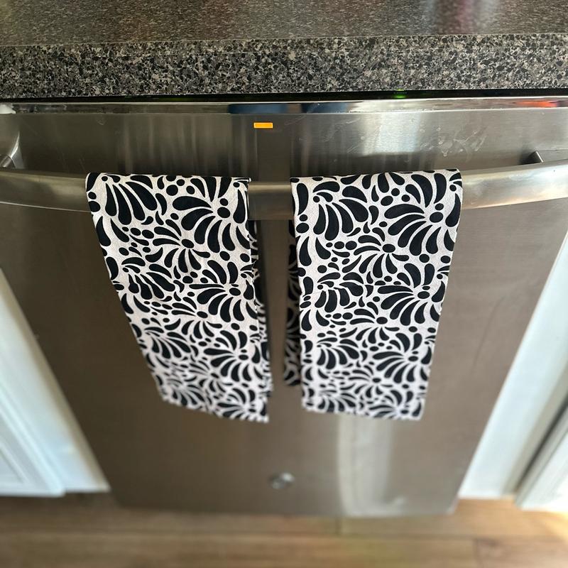 Set of 2 black and beige Talavera Kitchen Towels - Latin Tea Towel Design for Latin, Mexican Kitchen Decor - 100% Cotton, Soft & Absorbent