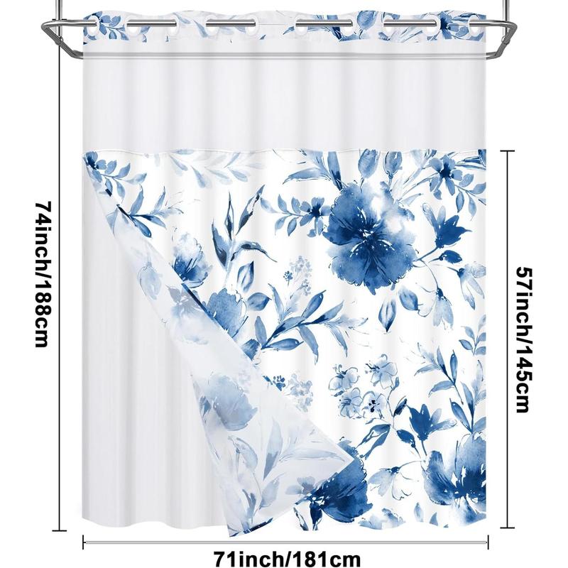 No Hook Shower Curtain with Snap in Liner, Navy Blue Floral Hotel Shower Curtain and Liner Set, Watercolor See Through Shower Curtain with Window, Double Layer, Waterproof