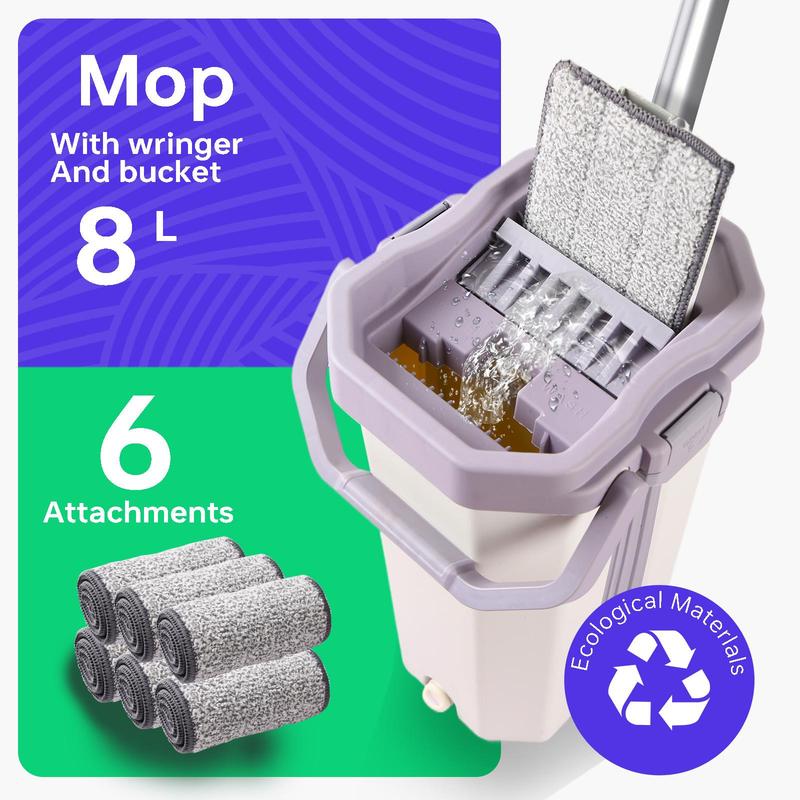 Mop with Wringer & Bucket, 1 Set Including Reusable Microfiber Mop & Attachments, Household Cleaning Tool for Home Kitchen Bathroom