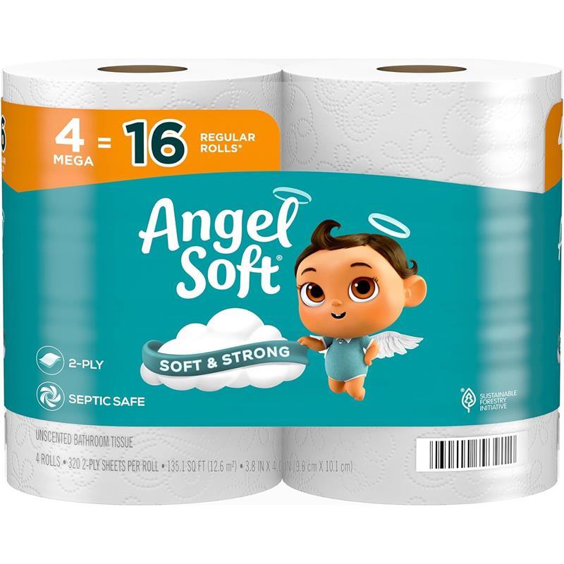 Angel Soft Toilet Paper Mega Rolls - 4 Pack = 16 Regular Rolls, 320 Sheets, 2-Ply