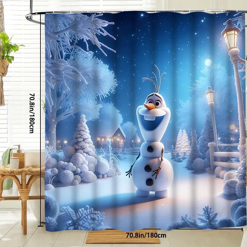 Cartoon Snowman Pattern Shower Curtain, 1 Count Waterproof Bathroom Curtain with Hooks, Bathroom Decor for Home Hotel Salon Dormitory