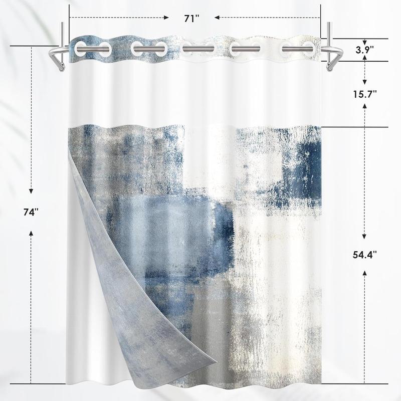 No Hook Blue Grey Painting Shower Curtain with Snap-in Liner, Contemporary Double Layers Waterproof Fabric with See Through Top Window Open Grommet Bath Curtain Light Hanging Set