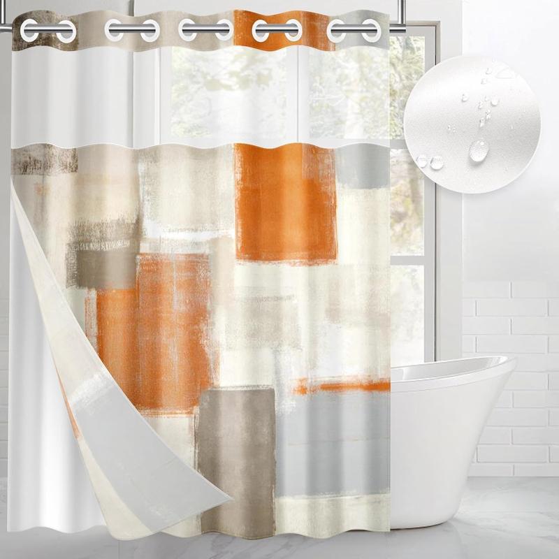 No Hook Blue Grey Painting Shower Curtain with Snap-in Liner, Contemporary Double Layers Waterproof Fabric with See Through Top Window Open Grommet Bath Curtain Light Hanging Set