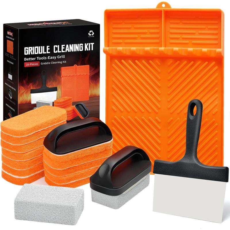 Griddle Cleaning Kit for Blackstone Griddle Accessories -18 Pieces Flat Top Griddle Cleaning Kit -Grill Cleaner Set with Grill Stone, Griddle Scraper,Scouring Pads, Spatula Mat (18, Orange)