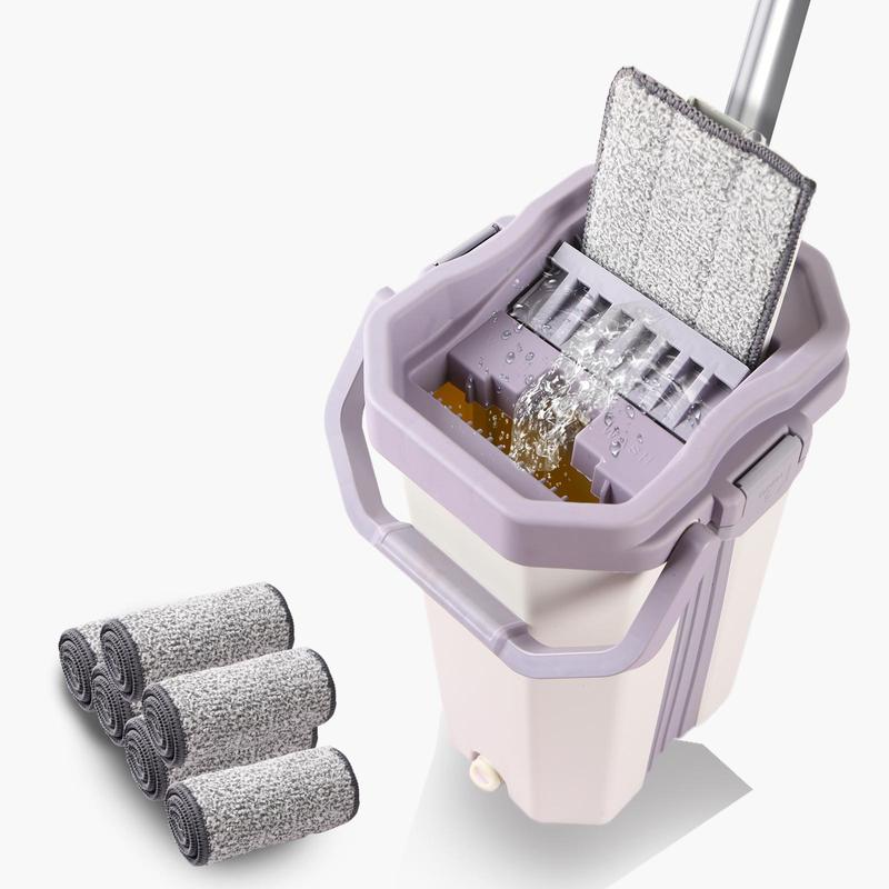 Mop with Wringer & Bucket, 1 Set Including Reusable Microfiber Mop & Attachments, Household Cleaning Tool for Home Kitchen Bathroom