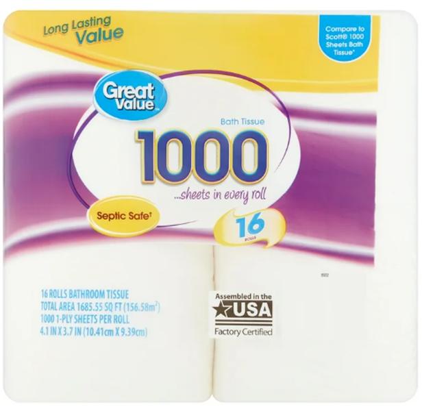 Great Value 1000 Bath Tissue Rolls, 16 Rolls