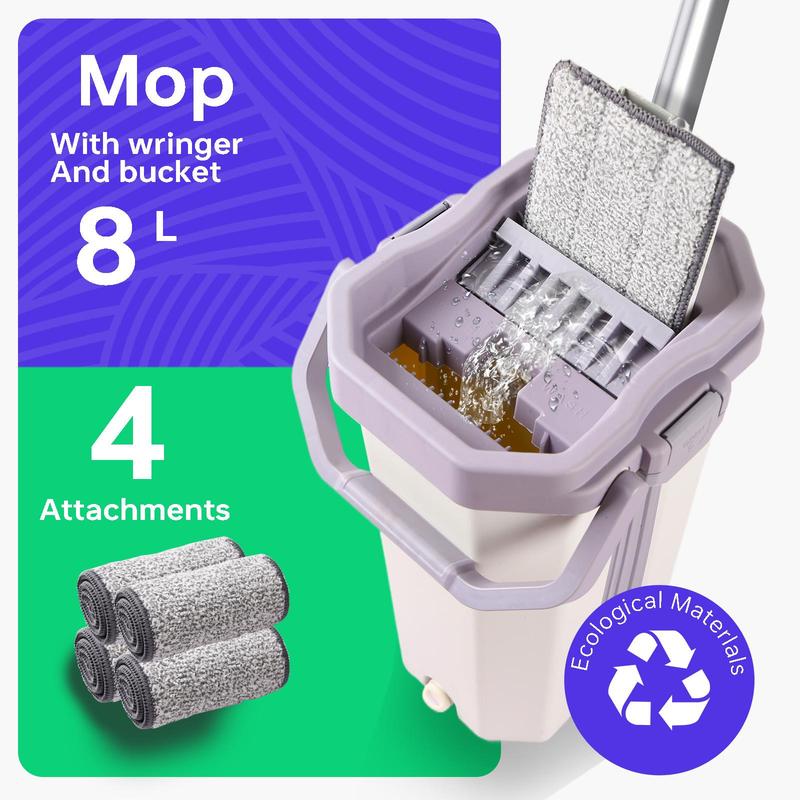 Mop with Wringer & Bucket, 1 Set Including Reusable Microfiber Mop & Attachments, Household Cleaning Tool for Home Kitchen Bathroom