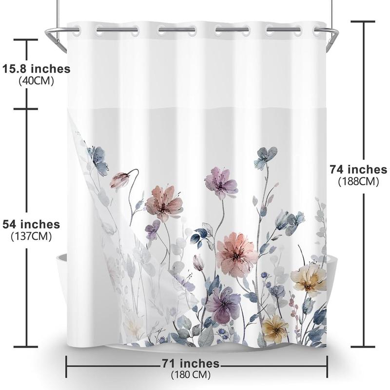 No Hook Shower Curtain with Snap in Liner Watercolor Floral Shower Curtain and Liner Set Double Layers Waterproof Fabric and See-Through Top Window Bathroom Decorative 71x74inch Colorful Flower