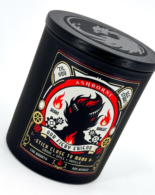 Our Fiery Friend - 8oz Scented Candle - Smoke, Spices, Vanilla - Natural Coconut Wax - 35 h Burn Time - Premium Foil Label