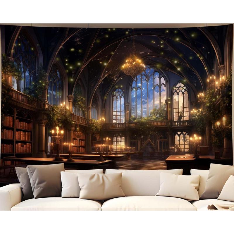 Medieval Bookcase Tapestry, Vintage Gothic Bookshelf Backdrop Spooky Library Tapestries Wall Hanging Dark Academia Wall Art for Bedroom Living Room Large Office Zoom Background