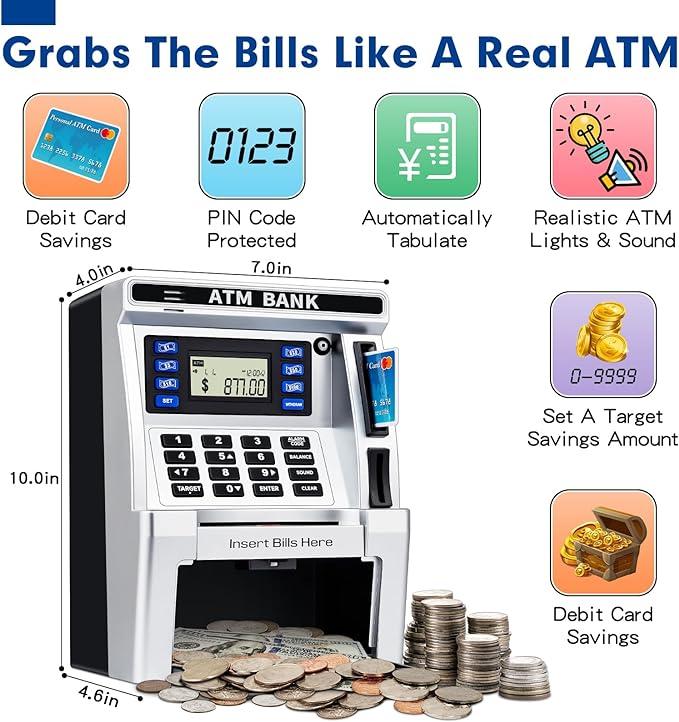 ATM Piggy Bank for Kids, ATM Machine for Real Money with Debit Card, Bill Feeder, Coin Recognition, Balance Calculator, Electronic Savings Safe Box, Gifts for Teen Boys Girls