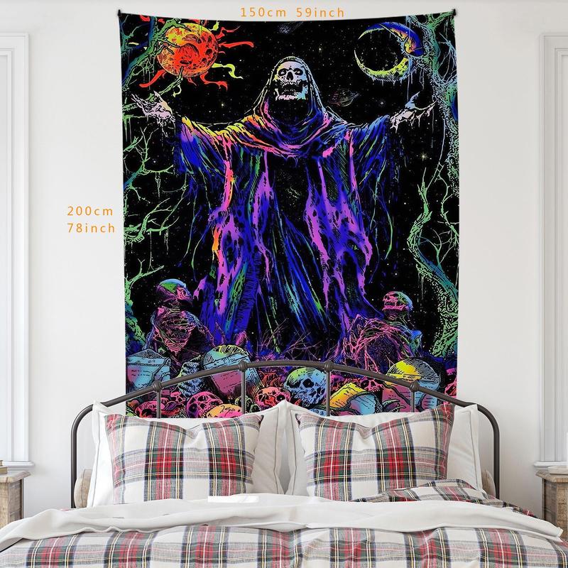 Skeleton Wizard Pattern Tapestry, 1 Count Colorful Gothic Wizard Skeleton Peach Fleece Hanging Tapestry, Wall Hanging Decor for Home Living Room Bedroom Dormitory