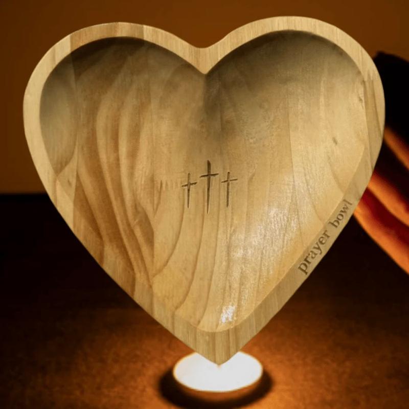 Vintage Wooden Heart-Shaped Prayer Bowl - Engraved Cross & 