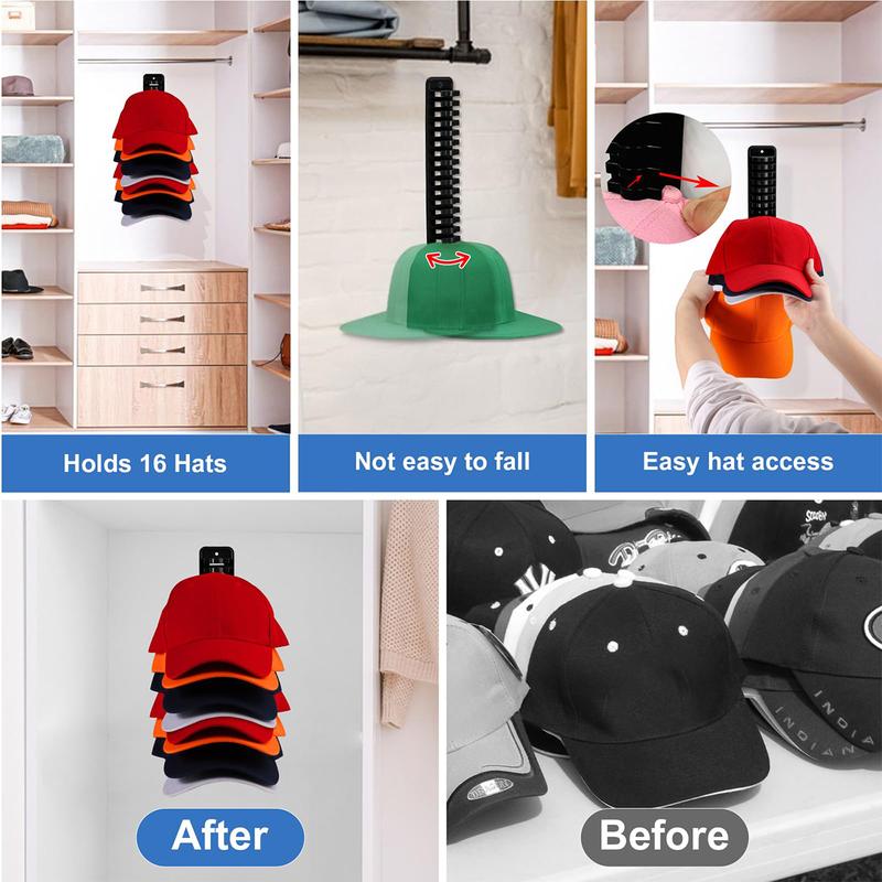 1 Count Hat Organizer for Baseball Caps, Wall - Adhesive Hat Rack with Hooks Holds up to 16 Hats, Hat Hanger & Holder for Door Closet Storage and Display.