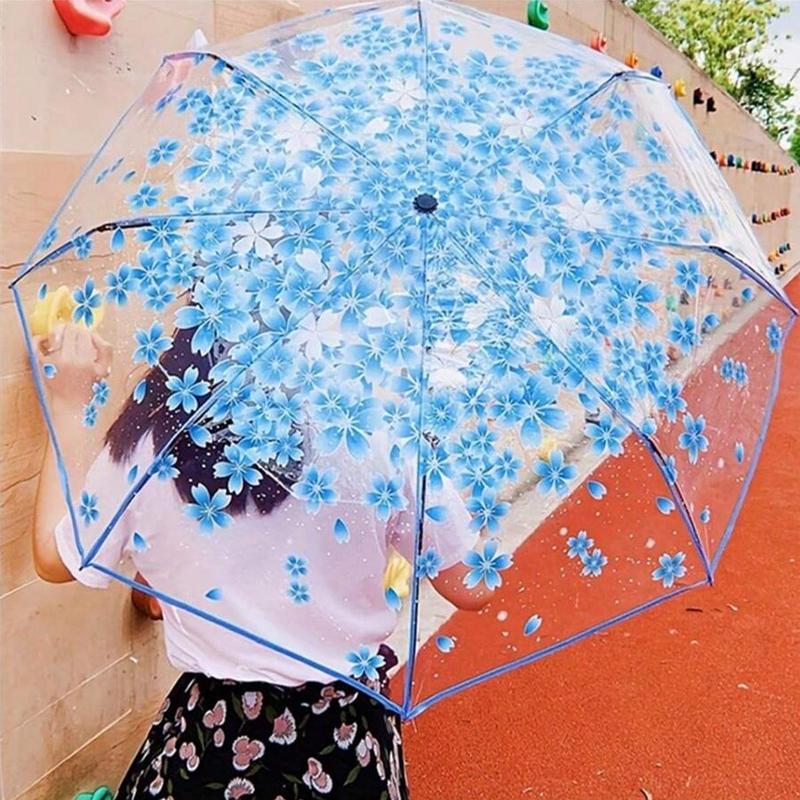 Foldable Umbrella, 1 Count Transparent Flower Pattern Umbrella, Portable Automatic or Manual Retractable Umbrella for Women & Girls