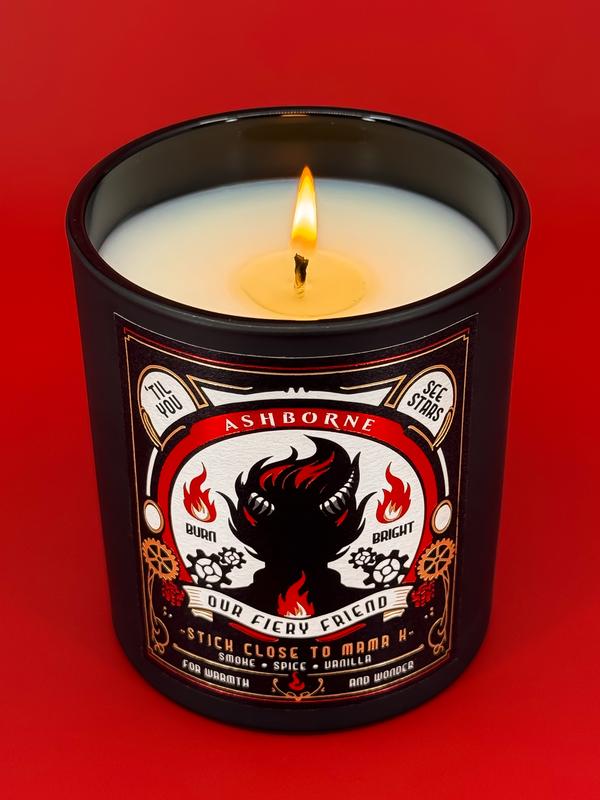 Our Fiery Friend - 8oz Scented Candle - Smoke, Spices, Vanilla - Natural Coconut Wax - 35 h Burn Time - Premium Foil Label