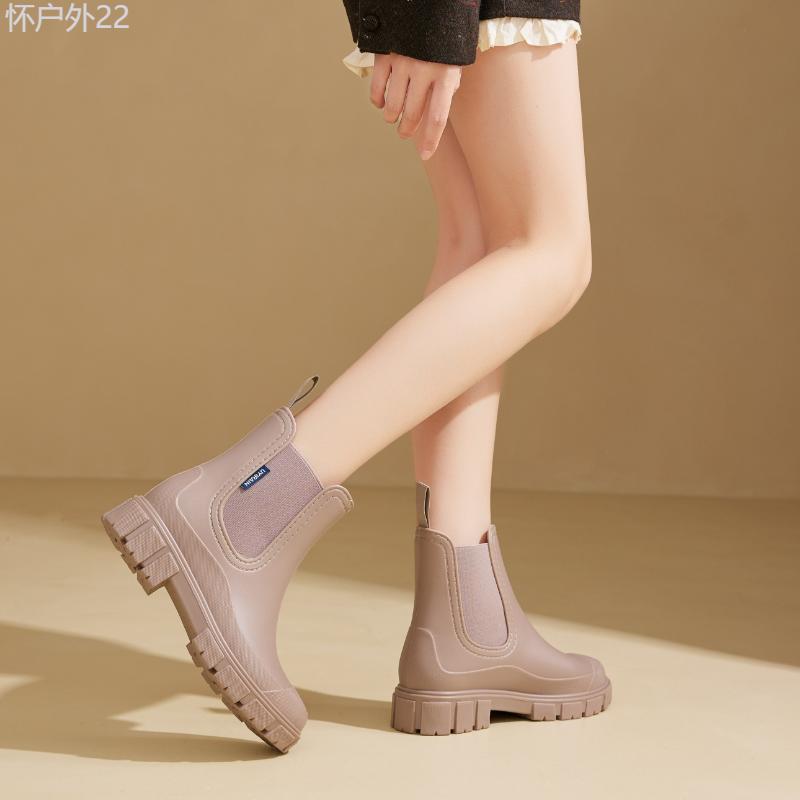 Women's Mid-calf Rain Boots, Fashionable Korean And Japanese Style, Waterproof And Non-slip Thick Sole, Elasticated Trim, Easy To Put On And Take Off The Pull Loop