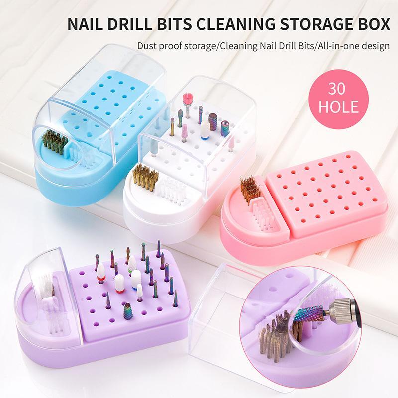 Nail Drill Bit Storage Box with Cleaning Brush, 1 Count 30 Holes Nail Drill Bits Organizer, Dustproof Nail Drill Bit Display Box