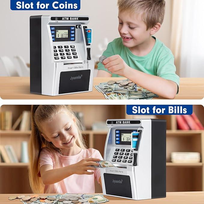 ATM Piggy Bank for Kids, ATM Machine for Real Money with Debit Card, Bill Feeder, Coin Recognition, Balance Calculator, Electronic Savings Safe Box, Gifts for Teen Boys Girls