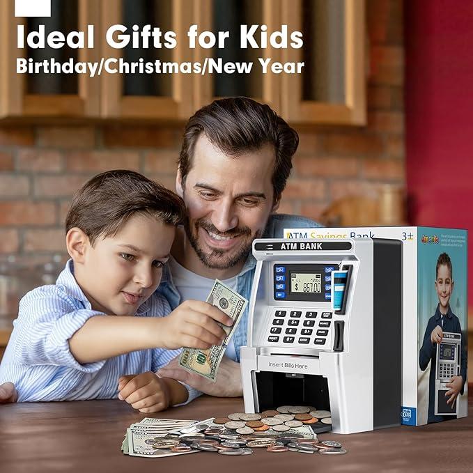 ATM Piggy Bank for Kids, ATM Machine for Real Money with Debit Card, Bill Feeder, Coin Recognition, Balance Calculator, Electronic Savings Safe Box, Gifts for Teen Boys Girls