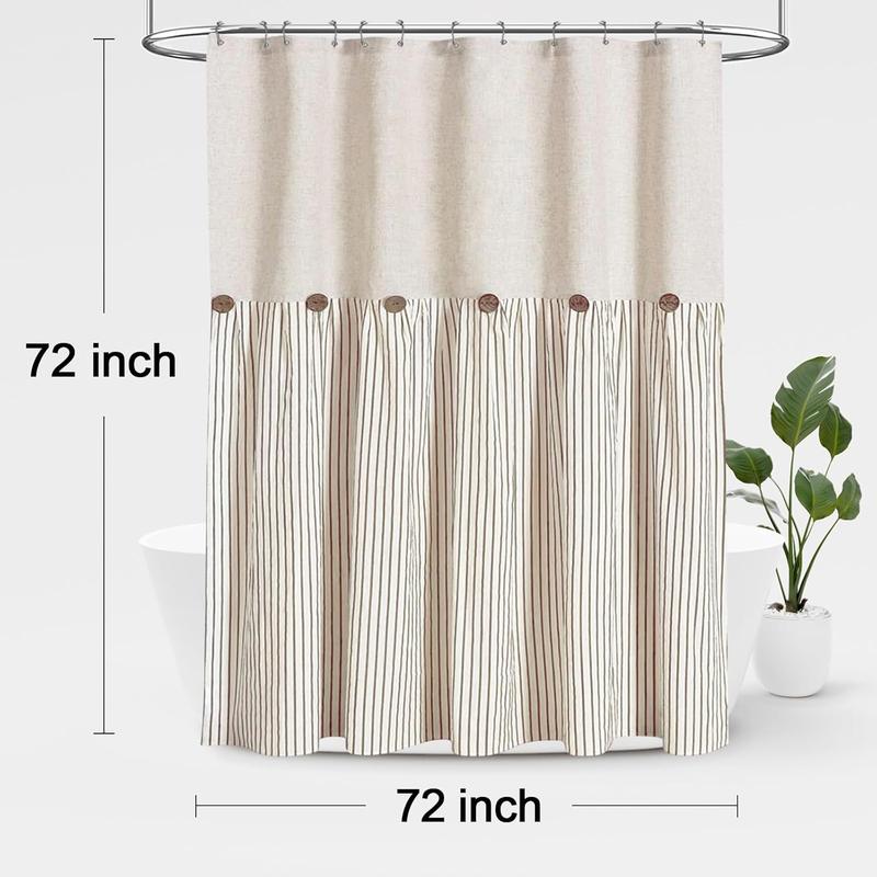 Button Farmhouse Beige Shower Curtain,Linen and Cotton Woven Fabric,Pleated Brown Stripe,Country Style,72x72 Inch