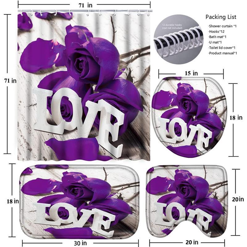 4Pcs Bathroom Love Rose Shower Curtain Set with 12 Hooks, Waterproof Polyester 71