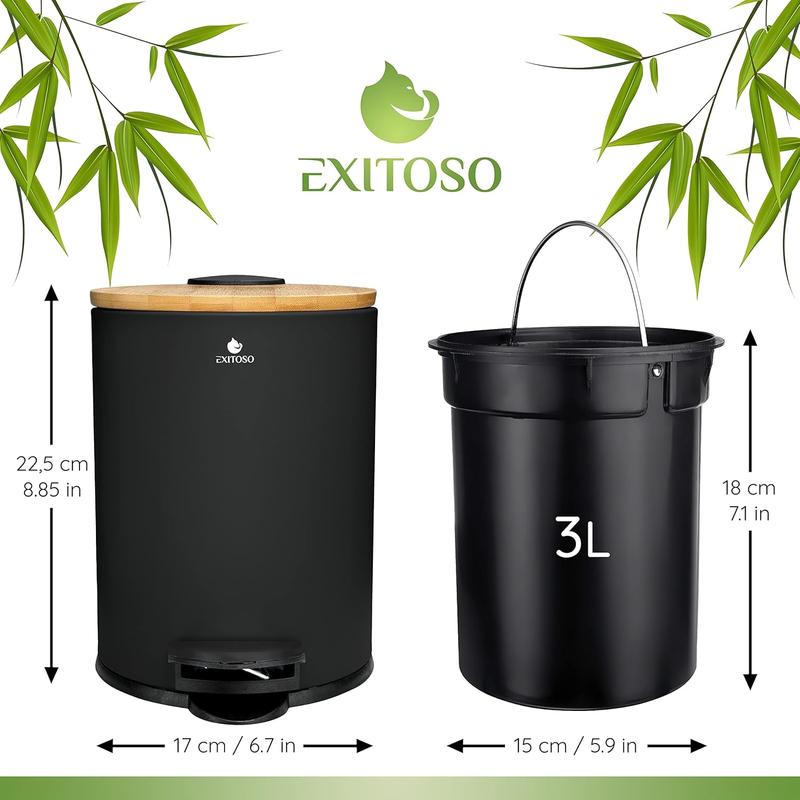 Mini Trash Can with Lid - 3L   0.8Gal - Small Trash Can with Lid for Bathroom - Black Bathroom Trash Can - Stainless Steel Bathroom Garbage Can with Lid - Black Trash Can Bathroom with Lid Bamboo Bucket