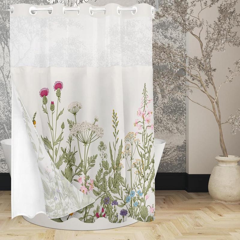 No Hooks Snap in Liner Vintage Wildflower Botanical Herbs Shower Curtain Sets, Hotel Luxury Double Layers Waterproof Fabric & See-Through Top Window Bathroom Decorative 60x72 Inch Print Artwork