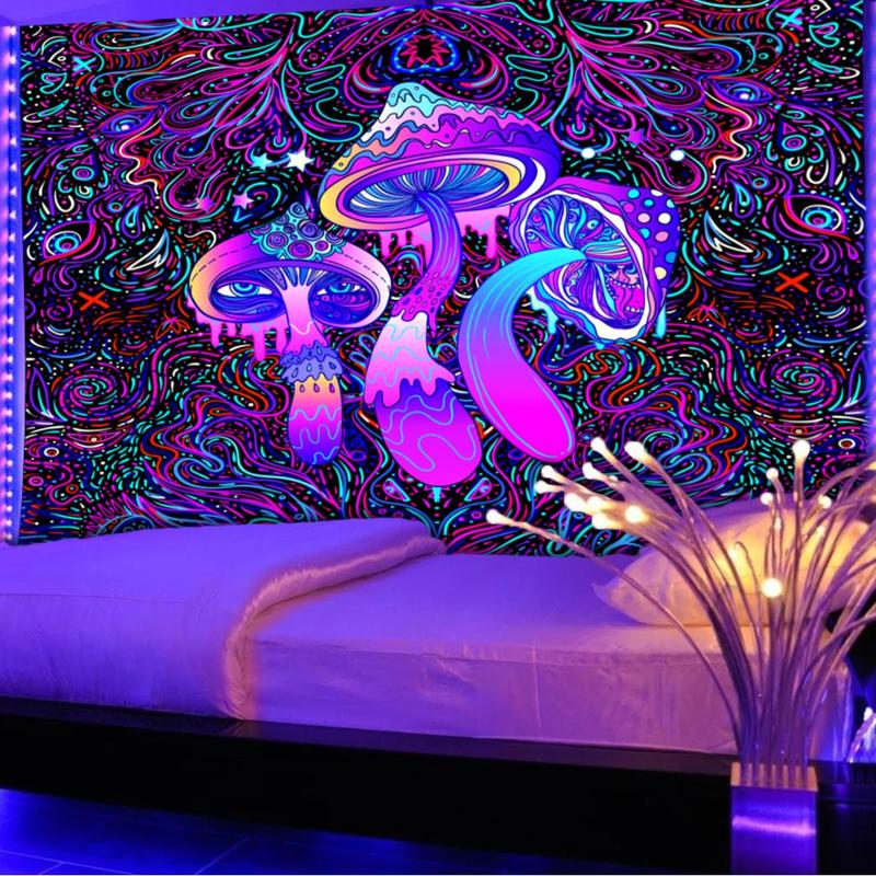 Mushroom Pattern Fluorescent Tapestry, 1 Count Wall Hanging UV Black Light Tapestry with Installing Accessories, Wall Hanging Decor for Home Living Room Bedroom Dorm