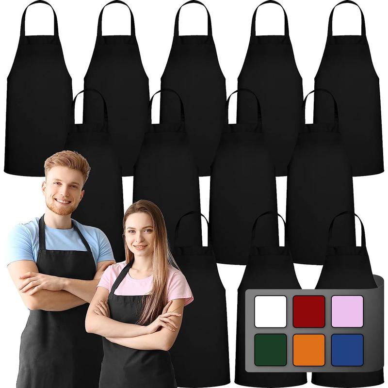 12 Pack Bib Apron - Unisex Black Aprons, Machine Washable Aprons for Men and Women, Kitchen Cooking BBQ Aprons Bulk (Pack of 12, No Pockets, Black)