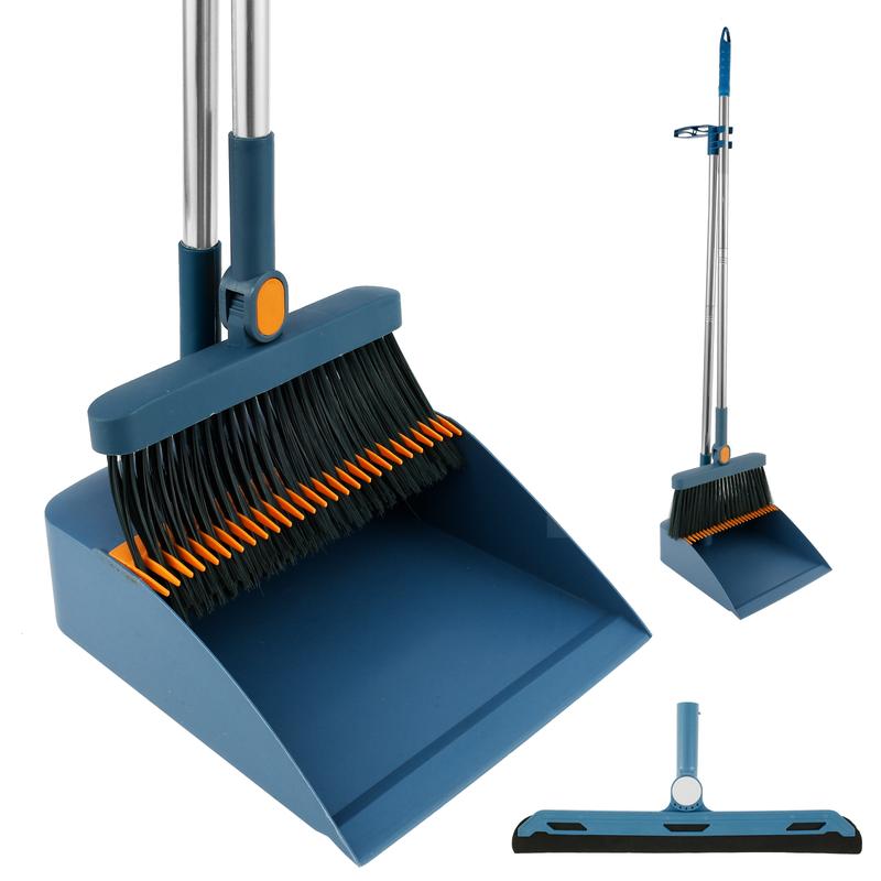 3 Counts Floor Sweeping Set with Long Handle 180°Rotating Floor Broom Squeegee Dustpan Set Foldable Stand Dustpan and Broom Combo with Comb Teeth Portable Squeegee Broom for Kitchen Office Home Floor