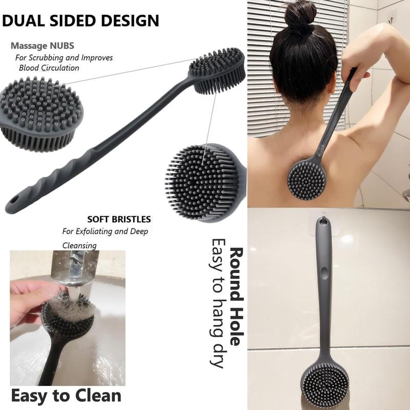 Silicone Body Scrubber, Long Handle Back Scrubber for Shower Brush,Exfoliating Body Scrubber, Shower Scrubber for Body Brush, Soft Silicone Bath Brush for Men,Women&Kids,with a Free Hook