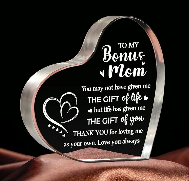 Gifts To My Bonus Mom, Birthday Gifts for Step Mom from Step Daughter Acrylic Heart Keepsake, Mothers Day Gift Ideas for Bonus Mom from Son, Christmas Gifts Valentines Day Gifts for Bonus Mom