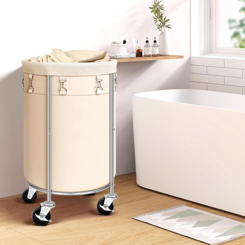 Laundry Hamper with Wheels, Rolling Laundry Basket, Round Laundry Sorter Cart with Steel Frame and Removable Bag, 4 Casters and 2 Brakes, Ideal for Bedroom, Bathroom, Laundry Room, Beige