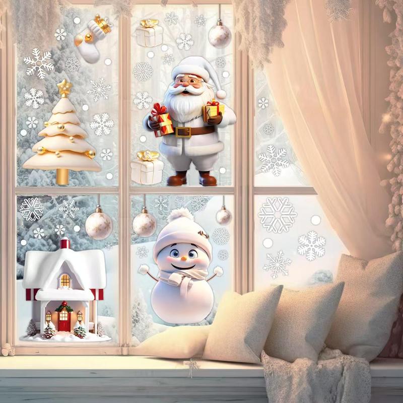 Christmas Themed Window Sticker, 4 Sheets set Snowman & Santa Claus Pattern Window Decal, Decorative Sticker for Home Party Festival