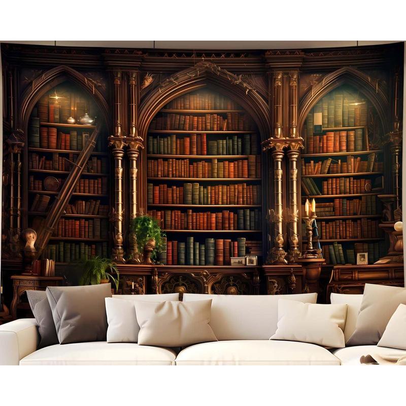 Medieval Bookcase Tapestry, Vintage Gothic Bookshelf Backdrop Spooky Library Tapestries Wall Hanging Dark Academia Wall Art for Bedroom Living Room Large Office Zoom Background