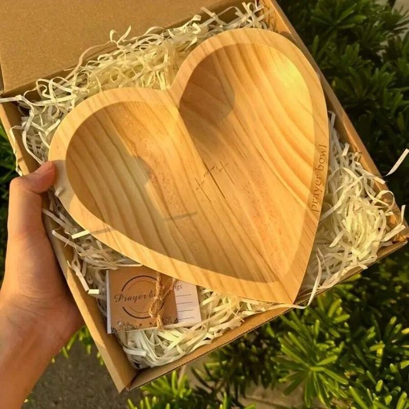 Vintage Wooden Heart-Shaped Prayer Bowl - Engraved Cross & 