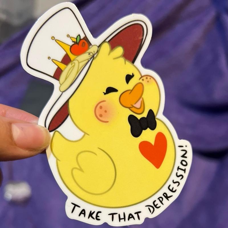 Lucifer’s Duck ‘Take That Depression’ | Rubber Duck Sticker, Cartoon Demon Hotel Sticker, Lucifer Morningstar Hat, Depression Duck Sticker, Haze bin Hotel Decor Decorative Decoration