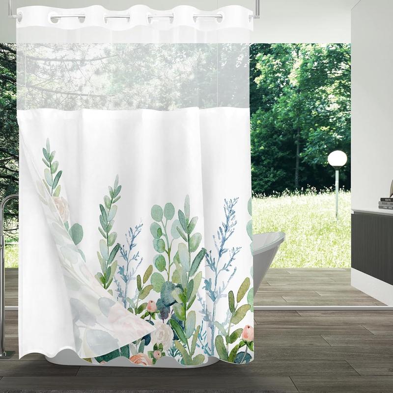 No Hooks Snap in Liner Vintage Wildflower Botanical Herbs Shower Curtain Sets, Hotel Luxury Double Layers Waterproof Fabric & See-Through Top Window Bathroom Decorative 60x72 Inch Print Artwork