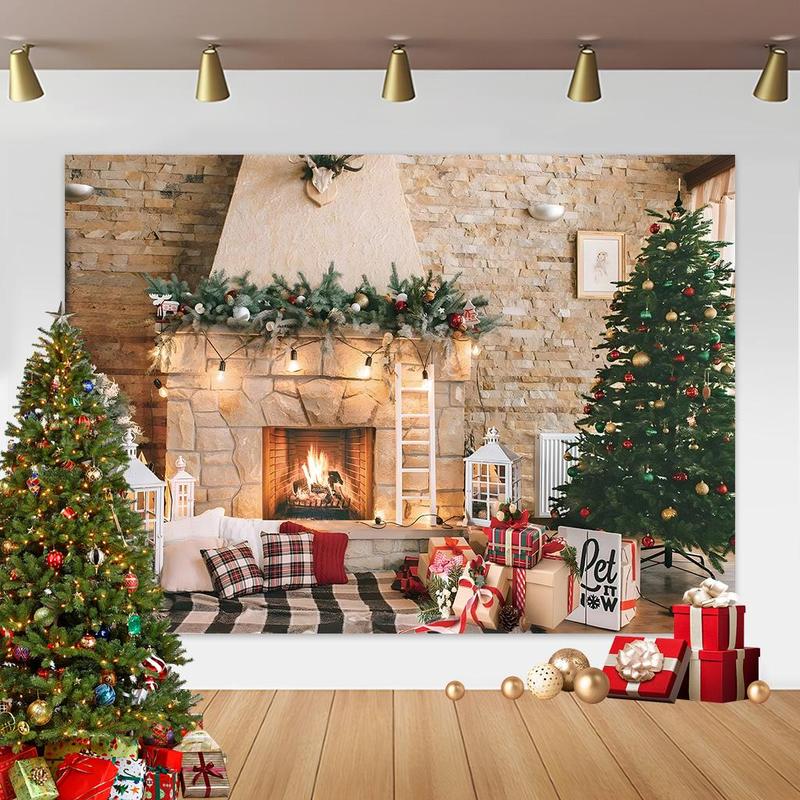 Christmas Themed Backdrop, 1 Count Fireplace & Tree Pattern Wall Hanging Banner, Festive & Party Supplies for Home Living Room Bedroom