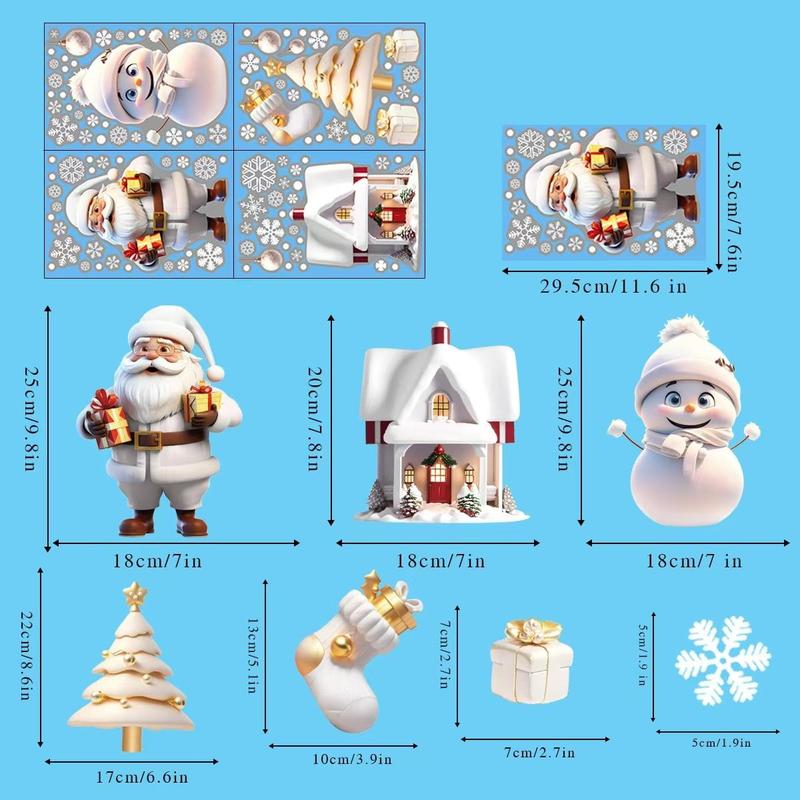 Christmas Themed Window Sticker, 4 Sheets set Snowman & Santa Claus Pattern Window Decal, Decorative Sticker for Home Party Festival