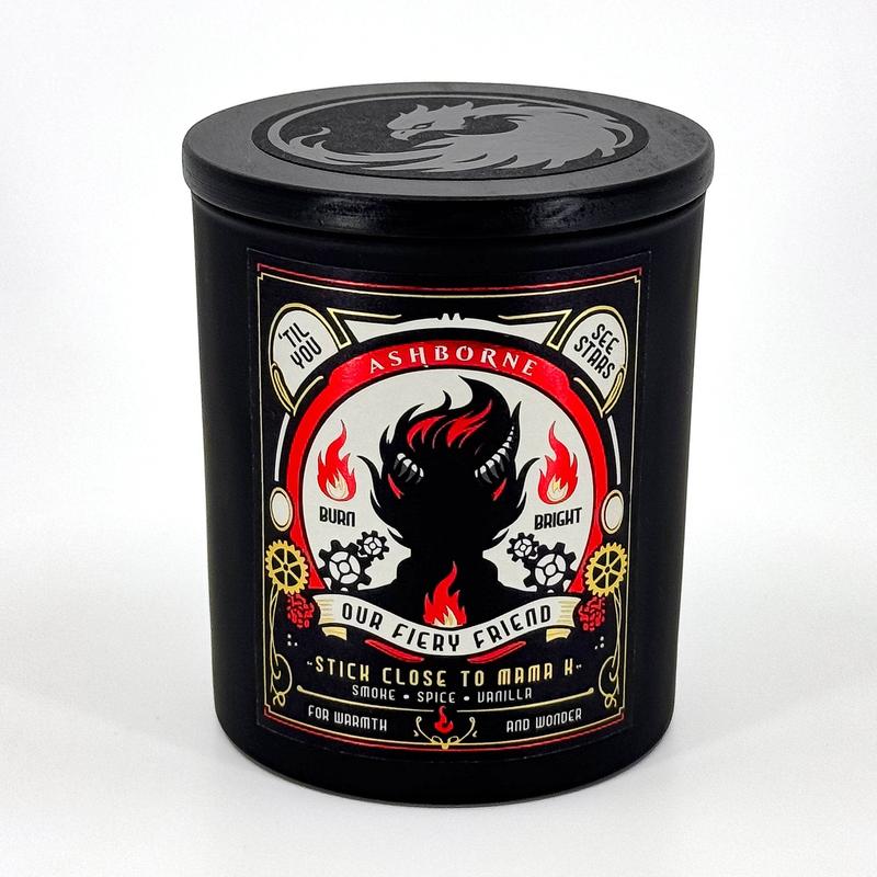 Our Fiery Friend - 8oz Scented Candle - Smoke, Spices, Vanilla - Natural Coconut Wax - 35 h Burn Time - Premium Foil Label