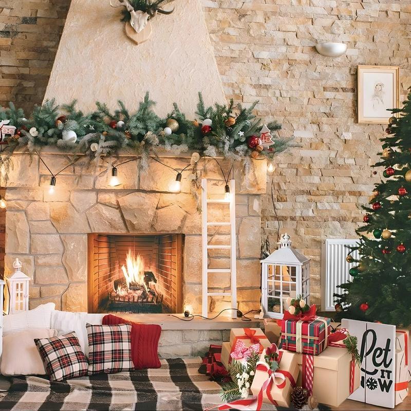 Christmas Themed Backdrop, 1 Count Fireplace & Tree Pattern Wall Hanging Banner, Festive & Party Supplies for Home Living Room Bedroom