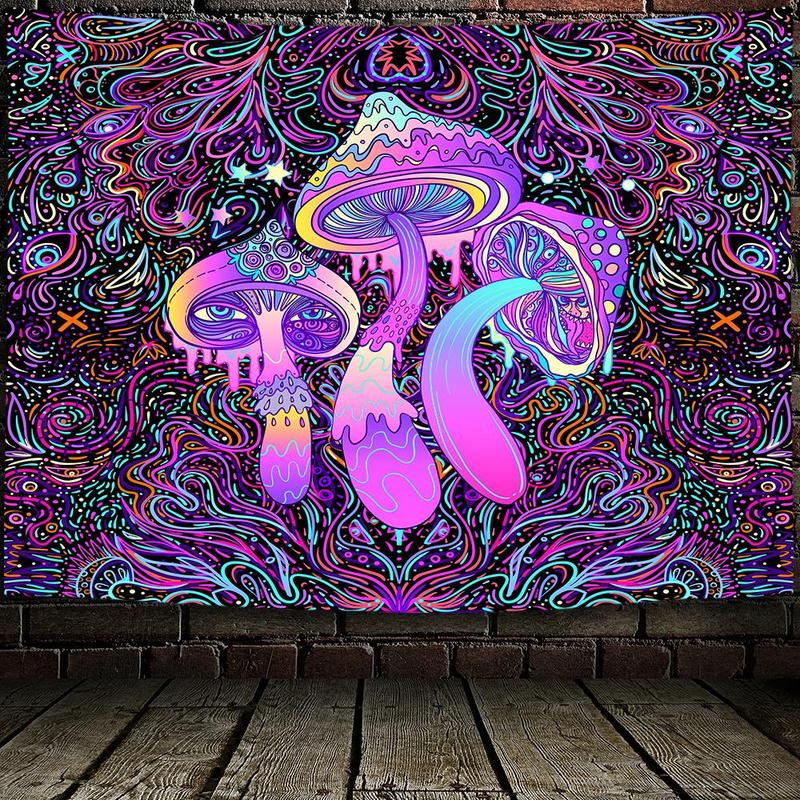 Mushroom Pattern Fluorescent Tapestry, 1 Count Wall Hanging UV Black Light Tapestry with Installing Accessories, Wall Hanging Decor for Home Living Room Bedroom Dorm