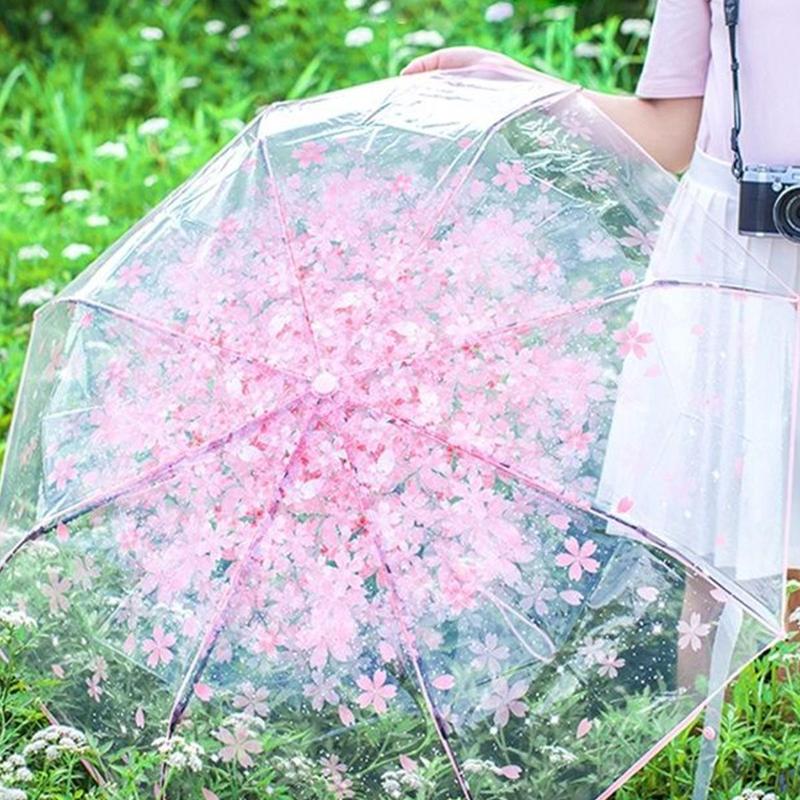 Foldable Umbrella, 1 Count Transparent Flower Pattern Umbrella, Portable Automatic or Manual Retractable Umbrella for Women & Girls