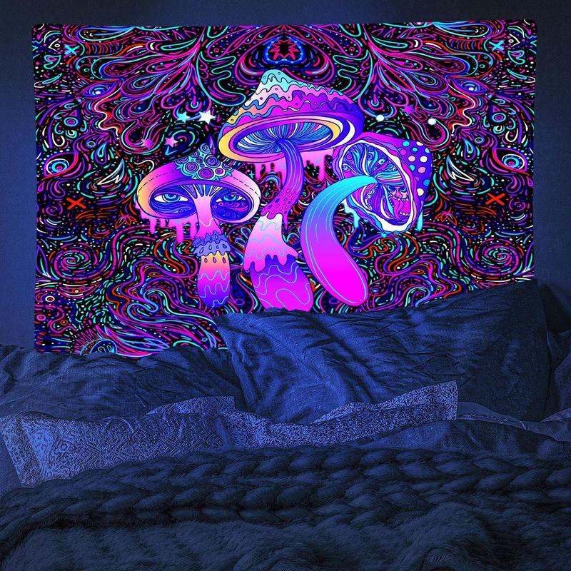 Mushroom Pattern Fluorescent Tapestry, 1 Count Wall Hanging UV Black Light Tapestry with Installing Accessories, Wall Hanging Decor for Home Living Room Bedroom Dorm