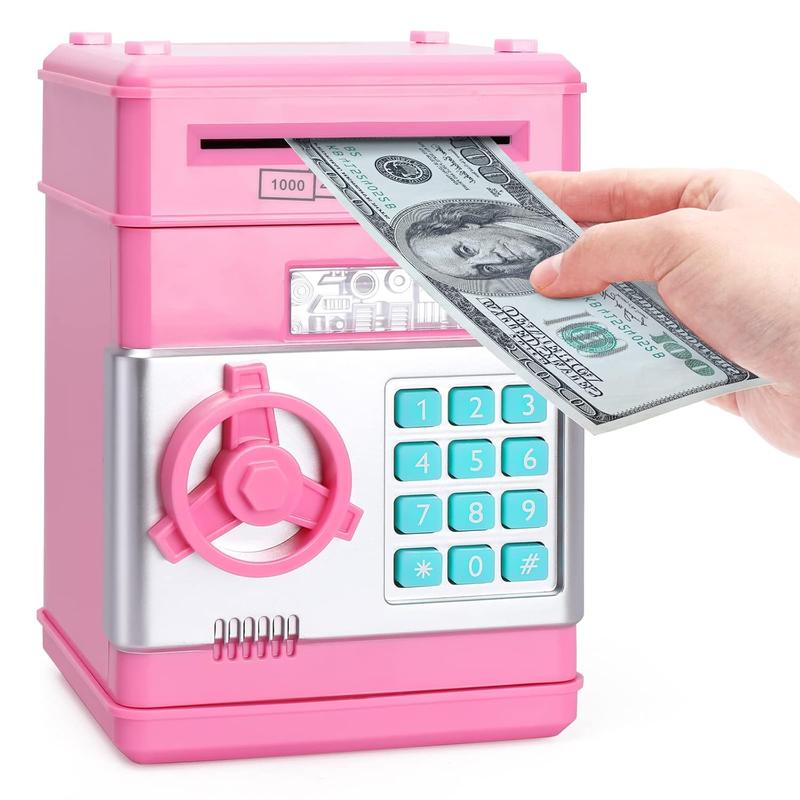 Piggy Bank for Kids, Electronic Mini ATM with Password Cash Coin Can Auto Scroll Paper Money Saving Box, Birthday Christmas Toy Gift for Girls Boys-Pink